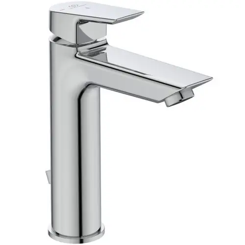 Chromfarbene Waschbeckenarmatur von Ideal Standard mit einem flachen Auslauf und Bedienhebel. Der Wasserfluss erfolgt durch den Auslauf und hat eine klare Form.